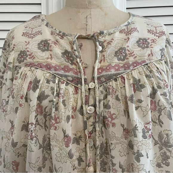 Cleobella 100% Cotton Cream/Gray/Pink Floral Print Peasant Top Sz-S - Picture 1 of 10